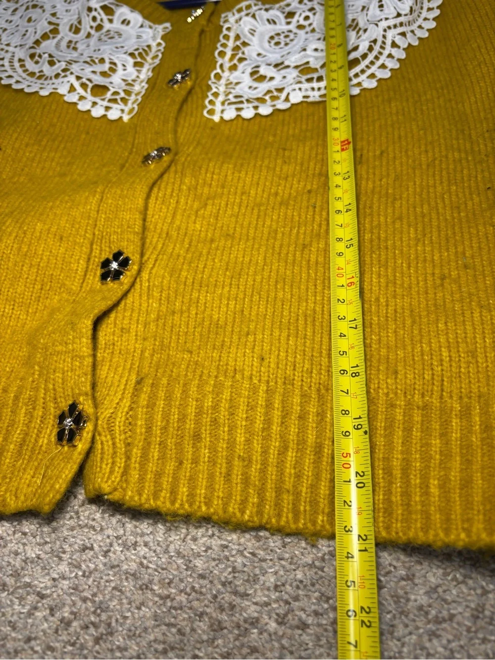 RARE Anthropologie Maeve Mustard Yellow Lace Collar Cardigan Sweater Size M